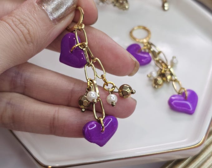 Elegant purple Heart Clay Earrings - Handmade Resin-Coated Dangle Earrings with Gold-Plated Posts, One-of-a-Kind Jewelry for Women