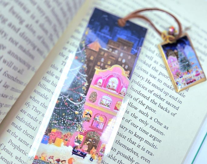 Christmas Bookstore Bookmark | Handmade Clay Charm, Winter Holiday