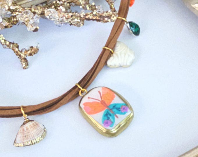 Colorful Butterfly beach Charm Necklace with Hand-Painted Pendant, Shell & Motivational Accent – Summer Jewelry on Suede Cord