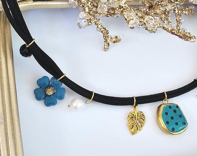 Teal Dot Beach Charm Necklace with Hand-Painted Pendant, Starfish & Leaf Accents – Tropical Jewelry on Black Suede Cord