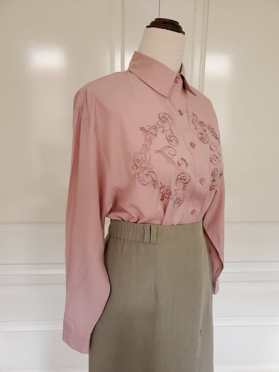 Vintage 80s 90s Dusty Pink Embroidered Blouse Mad… - image 6