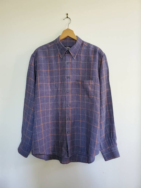 Vintage Mens Linen Check Plaid Shirt Large