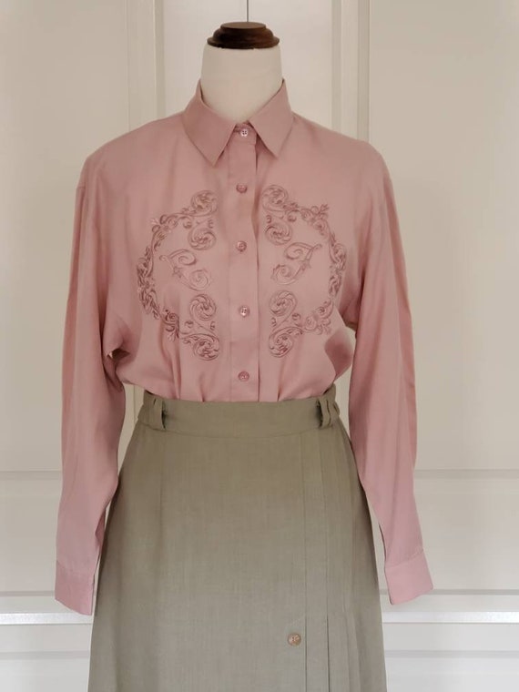 Vintage 80s 90s Dusty Pink Embroidered Blouse Mad… - image 3