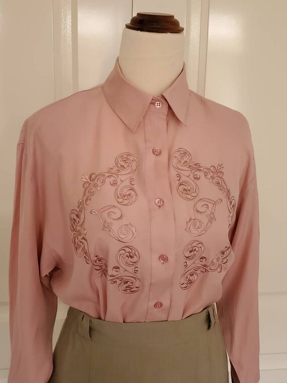 Vintage 80s 90s Dusty Pink Embroidered Blouse Mad… - image 4