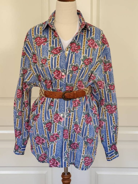 Vintage 80s Womens Blouse Shirt Floral Blue Relaxe