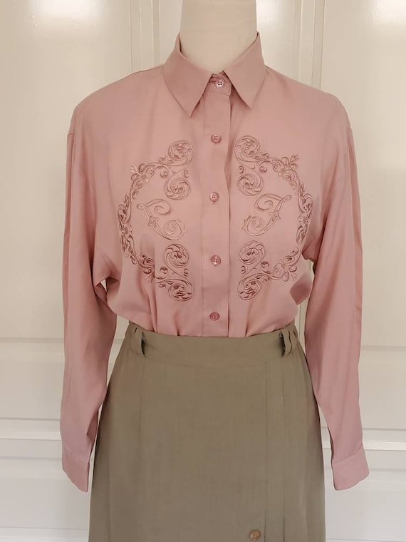 Vintage 80s 90s Dusty Pink Embroidered Blouse Mad… - image 1