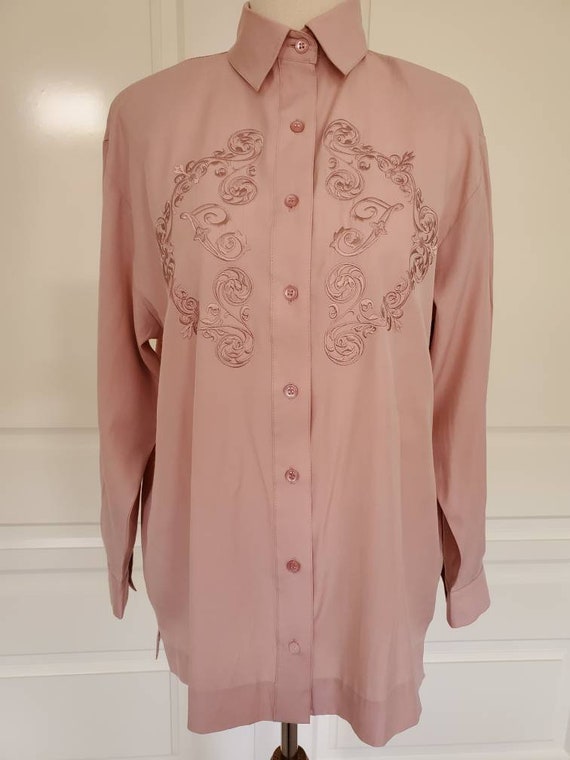 Vintage 80s 90s Dusty Pink Embroidered Blouse Mad… - image 7