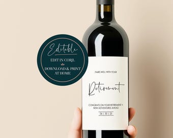Editable Wine Bottle Label, Custom Personalized Wine Label Retirement Gift, Printable Retirement Wine Label Instant Digital Download
