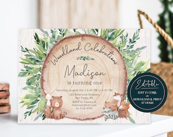 Editable Greenery Woodland Invitation  |  Rustic Wood Slice Forest Animal Party Invite  |  Printable Digital Instant Download Corjl Template