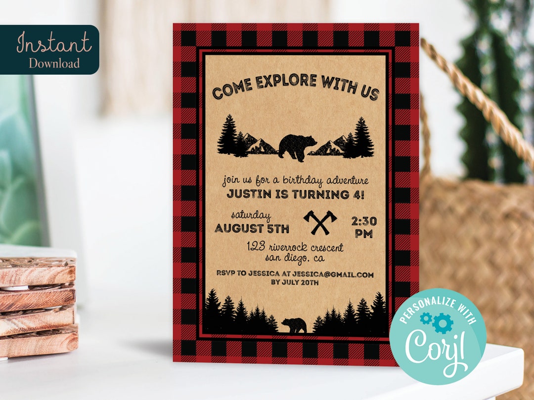 Editable Woodland Buffalo Plaid Birthday Invitation Kraft Lumberjack ...