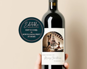 Editable Wine Bottle Label, Custom Personalized Christmas Photo Wine Label Gift, Printable Holiday Wine Label Instant Digital Download