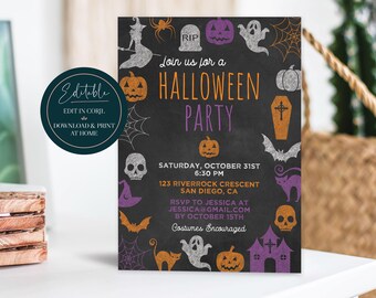 Bewerkbare uitnodiging voor Halloween-feest |  Pompoenfeestje kostuumfeest spookhuis |  Afdrukbare digitale Instant Download Corjl-sjabloon
