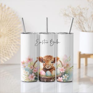 Cute Easter Basket Highland Cow Tumbler Wrap | Spring Flower Easter Egg 20 oz Skinny Tumbler Sublimation Wrap Design PNG Digital Download