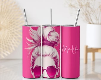 Mom Life Tumbler Wrap | Mother's Day Gift Messy Bun Sunglasses | 20 oz Skinny Tumbler Sublimation Wrap Design Digital Download Seamless PNG