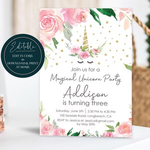 Editable Girls Unicorn Birthday Invitation  |  Magical Glitter Floral Party Invite  |  Printable Digital Instant Download Corjl Template