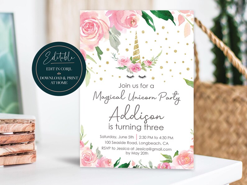 Editable Girls Unicorn Birthday Invitation | Magical Glitter Floral ...