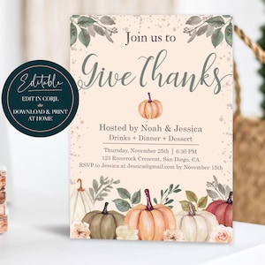 Editable Thanksgiving Dinner Invitation | Give Thanks Let&#39;s Gather Fall Pumpkin Invite | Printable Digital Instant Download Corjl Template
