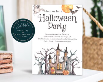 Editable Halloween Party Invitation  |  Haunted House Costume Party Ghost Invite  |  Printable Digital Instant Download Corjl Template