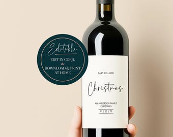 Editable Wine Bottle Label, Custom Personalized Wine Label Christmas Gift, Printable Christmas Wine Label Instant Digital Download