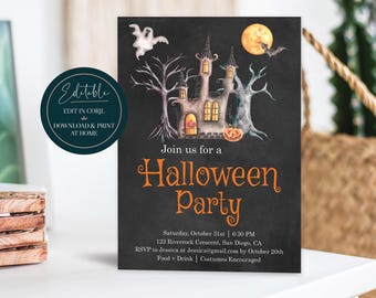 Editable Halloween Party Invitation  |  Haunted House Costume Party Ghost Invite  |  Printable Digital Instant Download Corjl Template