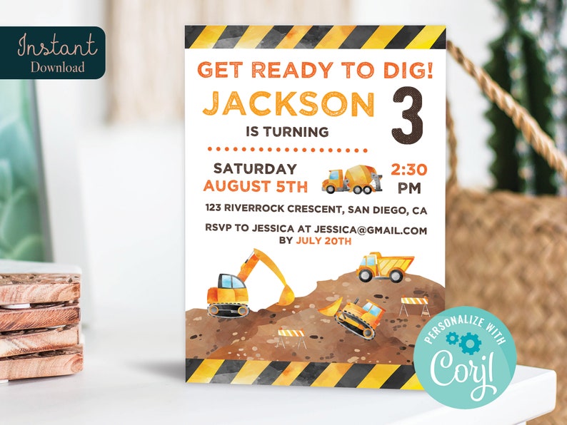 Editable Boys Construction Birthday Invitation Excavator Dump Truck Digger Party Invite Printable Digital Download Corjl