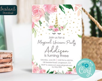 Editable Girls Unicorn Birthday Invitation  |  Magical Glitter Floral Party Invite  |  Printable Digital Instant Download Corjl Template