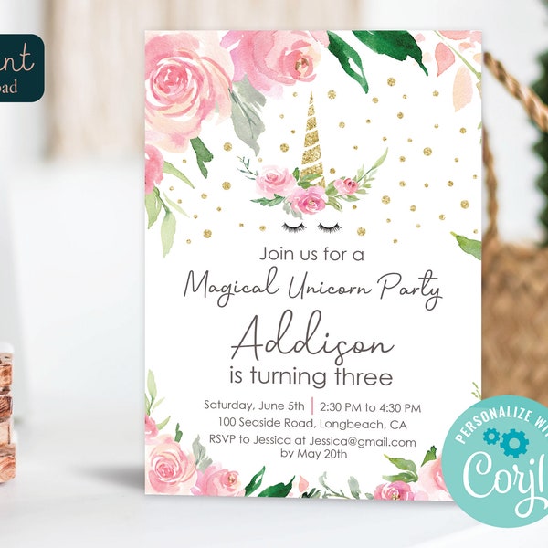 Editable Girls Unicorn Birthday Invitation  |  Magical Glitter Floral Party Invite  |  Printable Digital Instant Download Corjl Template