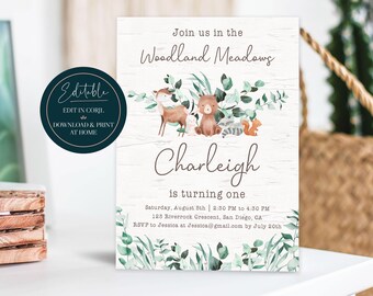 Editable Woodland Eucalyptus Greenery Invitation  |  Botanical Forest Animal Invite  |  Printable Digital Instant Download Corjl Template
