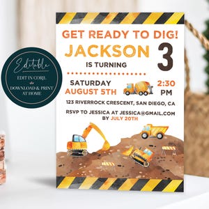 Editable Boys Construction Birthday Invitation  |  Excavator Dump Truck Digger Party Invite  |  Printable Digital Download Corjl Template