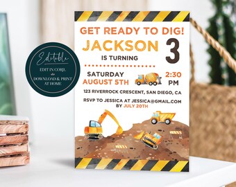 Editable Boys Construction Birthday Invitation  |  Excavator Dump Truck Digger Party Invite  |  Printable Digital Download Corjl Template
