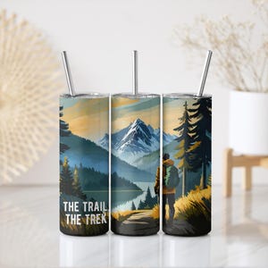 Hiking Mountain Forest Lake Tumbler Wrap | Outdoors Woods Hike Trail The Trek | 20 oz Skinny Sublimation Wrap Design Digital Seamless PNG