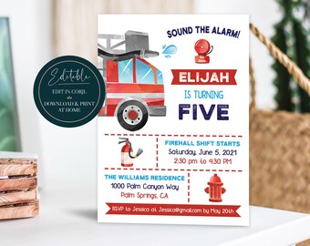 Editable Boys Fire Truck Birthday Invitation  |  Fireman Fire Engine Party Invite  |  Printable Digital Instant Download Corjl Template