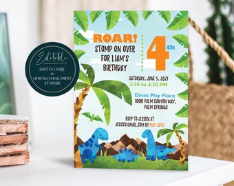 Editable Boys Dinosaur Birthday Invitation  |  Dino T-Rex Blue Roar Stomp Party Invite  |  Printable Digital Instant Download Corjl Template