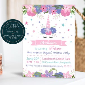 Bewerkbare eenhoornverjaardagsuitnodiging voor meisjes |  Magische bloemenfeestuitnodiging |  Afdrukbare digitale Instant Download Corjl-sjabloon