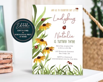 Editable Girls Ladybug Birthday Invitation  |  Little Ladybug Daisy Party Invite  |  Printable Digital Instant Download Corjl Template