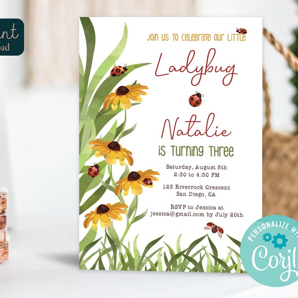 Editable Girls Ladybug Birthday Invitation  |  Little Ladybug Daisy Party Invite  |  Printable Digital Instant Download Corjl Template