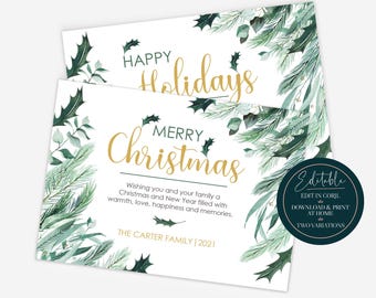 Editable Winter Greenery Christmas Card | Happy Holidays Merry Christmas Greeting Card | Printable Digital Instant Download Corjl Template