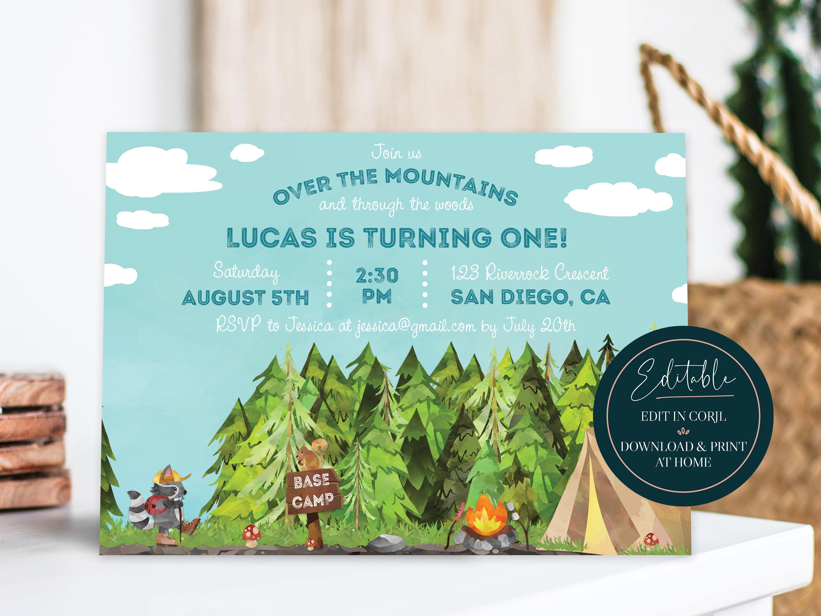 Editable Boys Woodland Forest Camping Invitation | Hiking Forest Animal ...