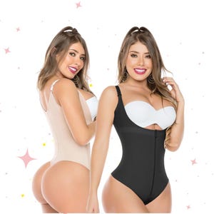 Könnte beinhalten: Zwei Bodyshaper werden gezeigt. Einer ist hautfarben, der andere schwarz. Beide haben einen String-Rücken, verstellbare Träger und einen Reißverschluss vorne. Die Shaper sind so konzipiert, dass sie den Körper glätten und formen.