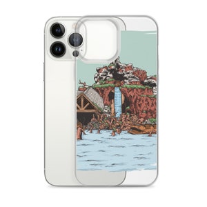 May include: Clear phone case featuring a colorful illustration of a water ride with people in the water. The artwork depicts a mountain, waterfall, and a wooden structure. The case is designed to fit a smartphone.