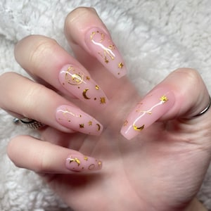 STAR-CROSSED Sheer Pink Press On Nails with Gold Constellation Moon and Stars NeutralNude Nails Coffin Ballerina Glue On Fake Nails image 2