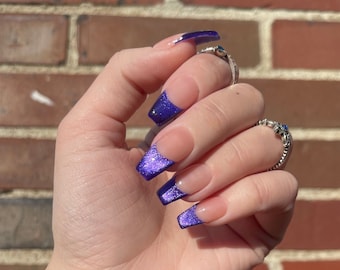 MYSTERY | Violet Velvet French Tip Press On Nails | Witchy Nails | Pale Pink Nails | Coffin Stiletto Almond Nails | False Glue In Nails |