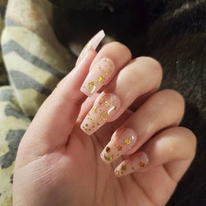 STAR-CROSSED Sheer Pink Press On Nails with Gold Constellation Moon and Stars NeutralNude Nails Coffin Ballerina Glue On Fake Nails image 4