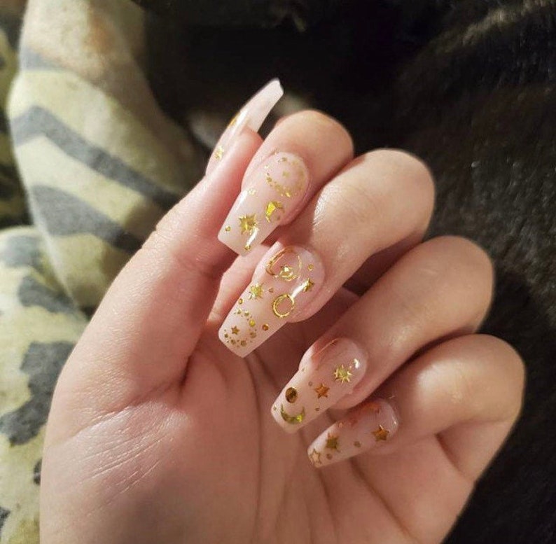 STAR-CROSSED Sheer Pink Press On Nails with Gold Constellation Moon and Stars NeutralNude Nails Coffin Ballerina Glue On Fake Nails image 4