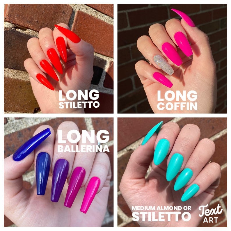 May include: Four different nail shapes are shown: long stiletto, long coffin, long ballerina, and medium almond or stiletto. The nails are painted in various colors, including red, pink, blue, purple, and turquoise.