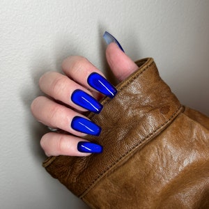 May include: Close-up of a hand with long, blue, coffin-shaped nails. The nails have a dark blue base with a lighter blue gradient at the tips.