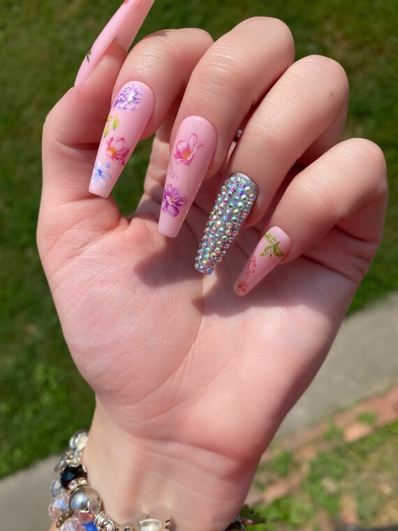Petal Soft Pink Nails With Flower Assortment And Bling Nail Etsy