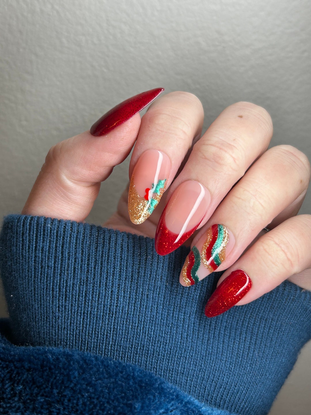 HOLLY Glitter Red Gold and Green Press on Christmas Nails Etsy