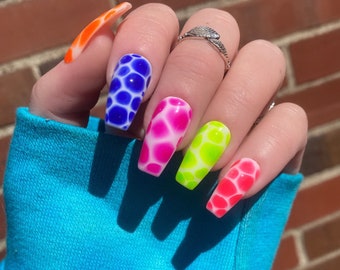 BLAZE | Polka Dot Textured Neon Press On Nails | Rainbow Press Ons | Spring Summer Nails | Fake Glue On Nails | Pink Press Ons Blue Green