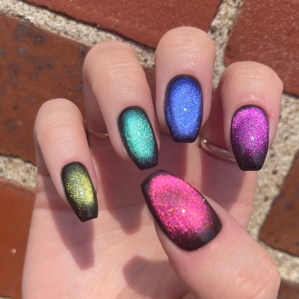 PRISM | Rainbow Color Shifting Cat Eye Press On Nails | Witchy Nails | Velvet Nails | Coffin Ballerina Stiletto Almond Nails | Glue On Fake